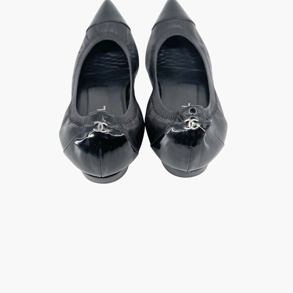 Chanel Cap Toe CC Ballet Flat Size 39 US 8-8.5 Black Pointed Toe Elastic Leather - Picture 7 of 15